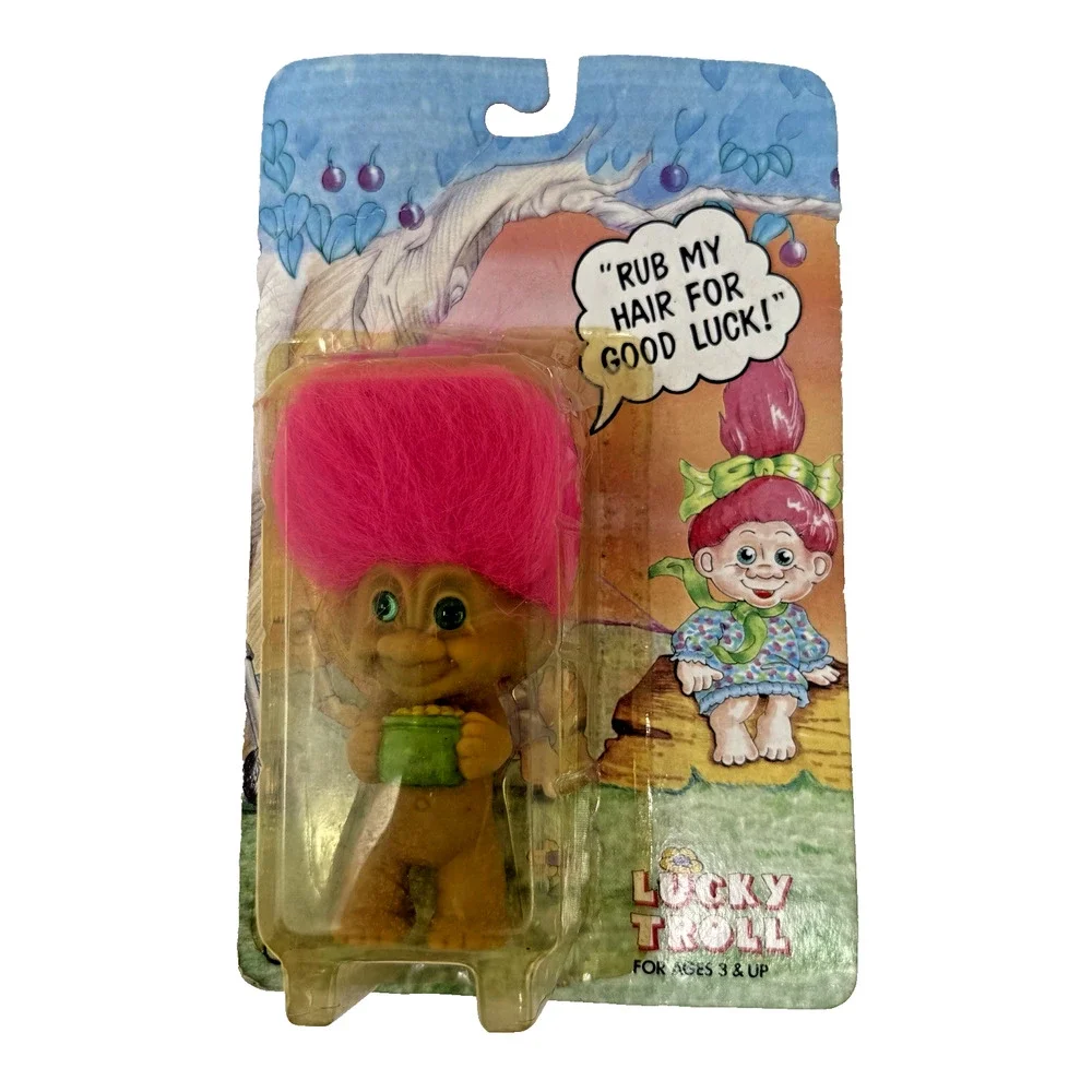 Sealed Vintage 90s Lucky Troll Pink Hair Blue Eyes Holding a Pot of Gold